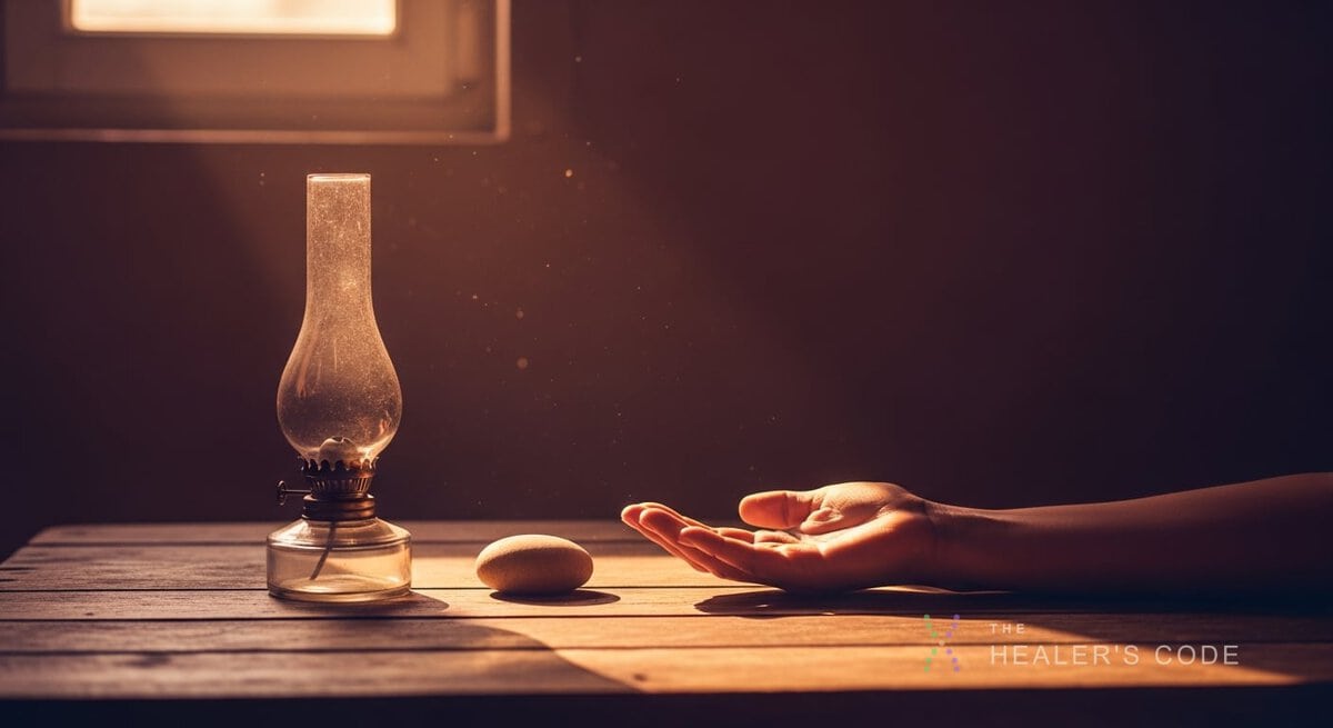 A weathered wooden table holds a single unlit oil lamp and a plain smooth stone beside an open hand resting palm-up in, the