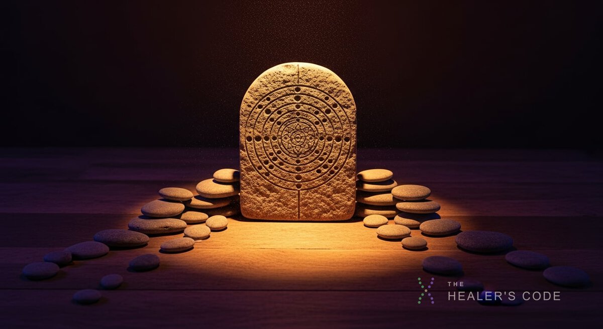 A weathered stone tablet etched with concentric geometric notches and dot-patterns rests on aged wood beneath a single beam