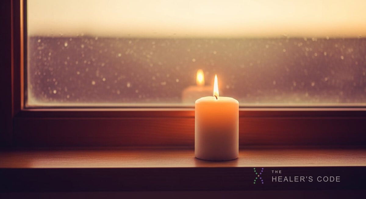 A single lit candle on a windowsill with early morning light coming through the glass
