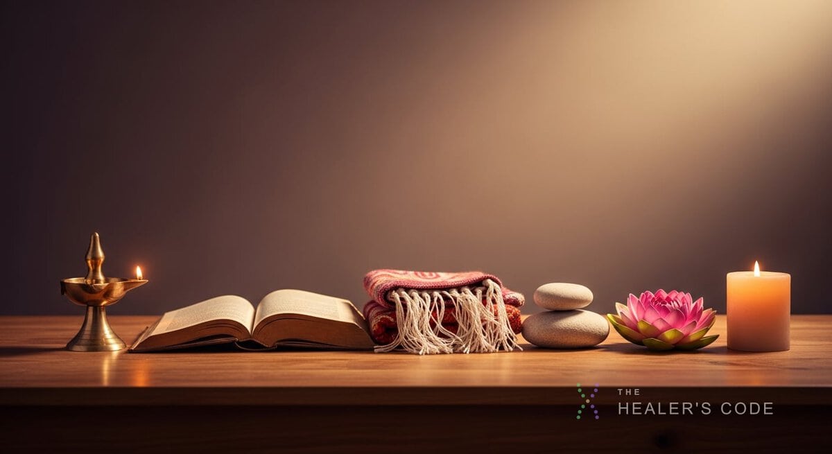 Six simple objects from different cultures arranged in a row on a sunlit wooden table