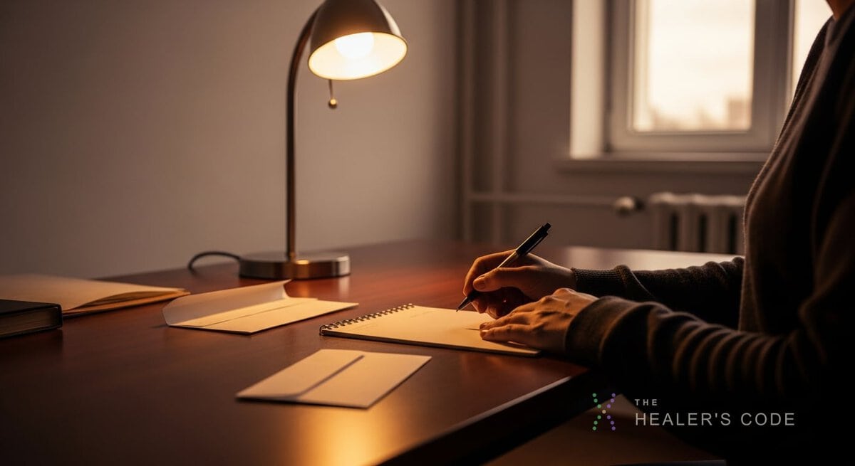 A person at a desk sketching on a pad beside a sealed envelope in a quiet research room