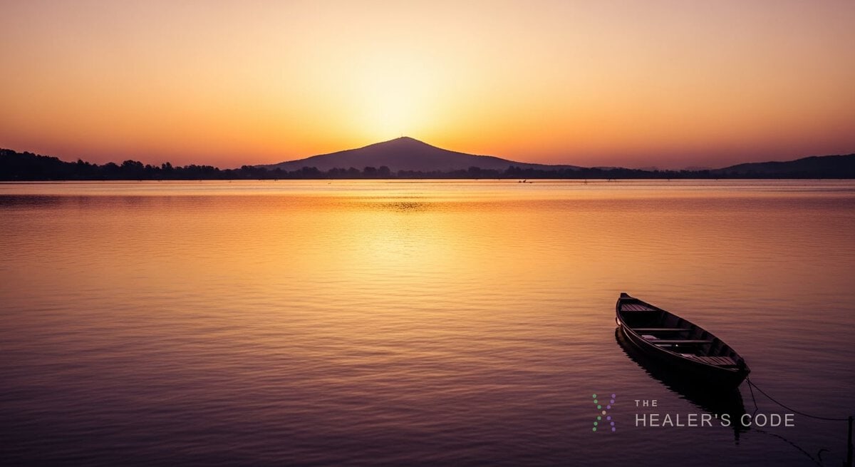 A small wooden boat drifting on wide floodwater at dawn with a distant hilltop just breaking the surface