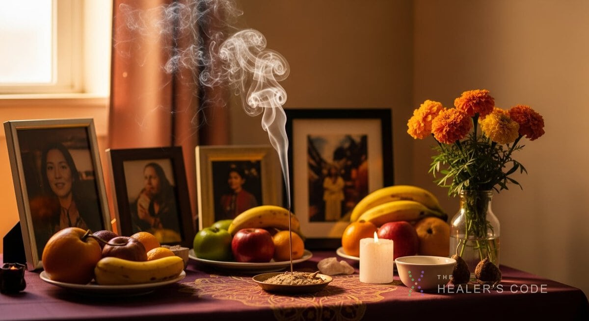 A home altar with photographs, fruit, incense, and marigolds honoring departed family members