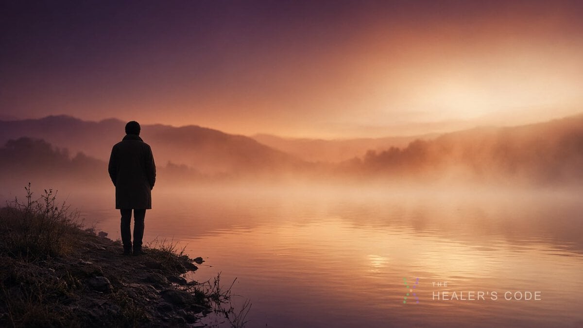 A person standing beside a calm lake at morning, looking out in quiet reflection