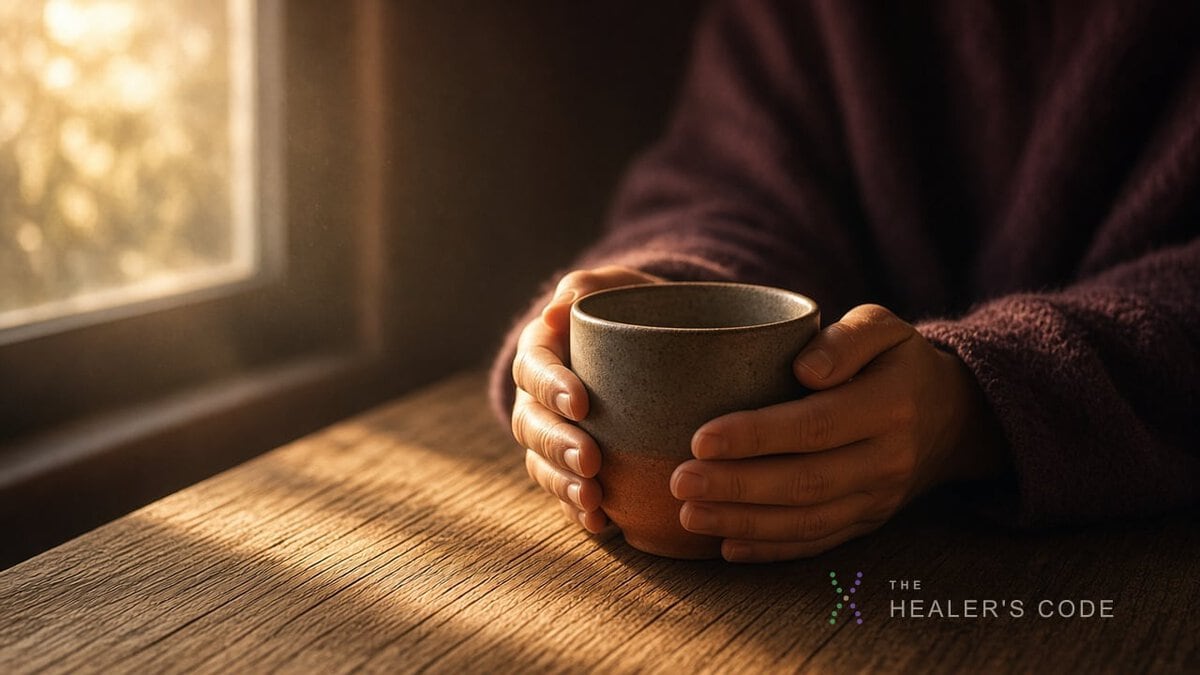 Hands holding a warm mug at a sunlit wooden table while someone sits in quiet thought