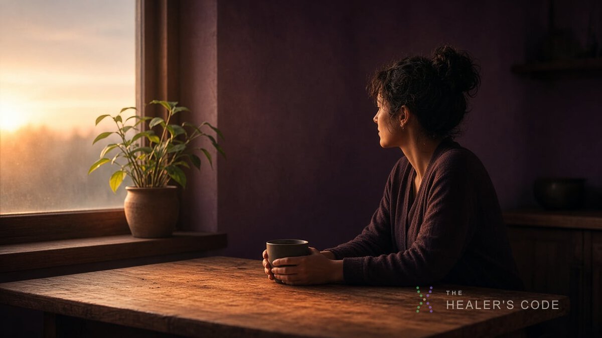A person at a kitchen table in morning light, holding a mug and looking toward a window