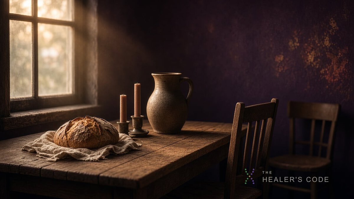 A quiet table with bread and candles waiting beside a window in late afternoon light