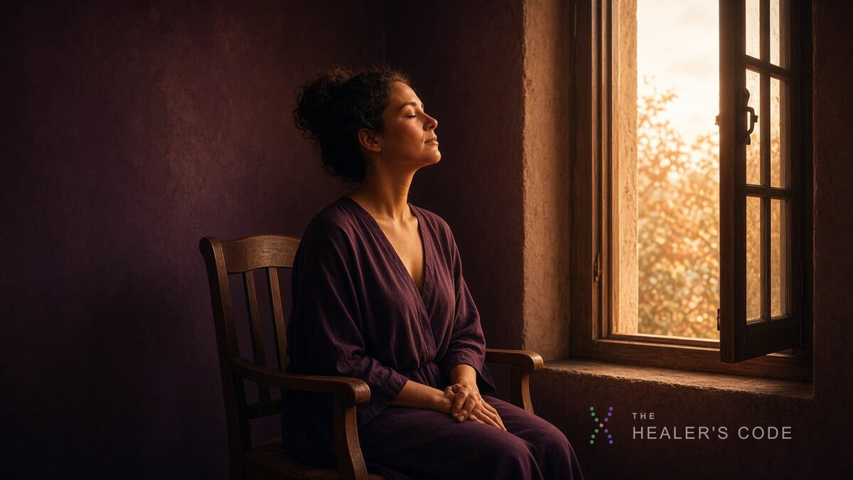 A person sitting quietly by a sunlit window with hands in their lap and eyes closed