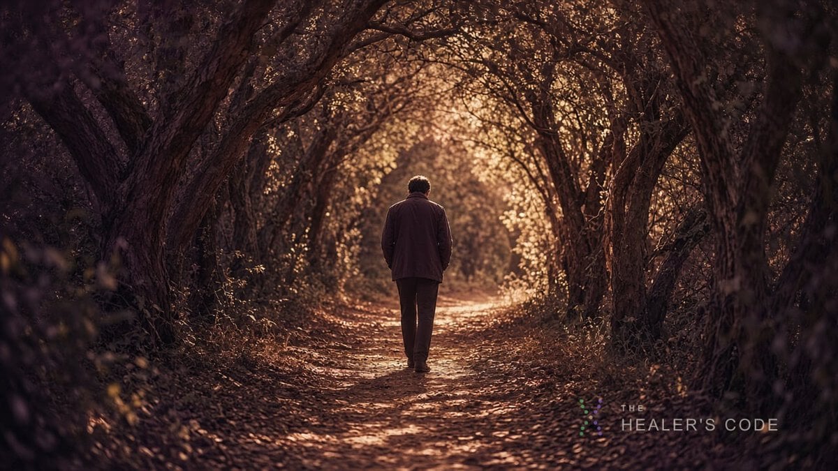 Someone walking slowly along a wooded path without devices or any sense of hurry