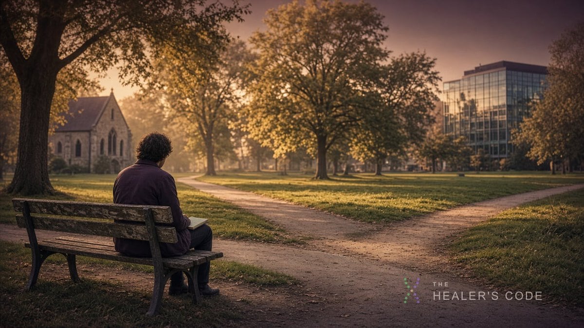 A person sits on a park bench where walking paths meet, a notebook resting in their lap