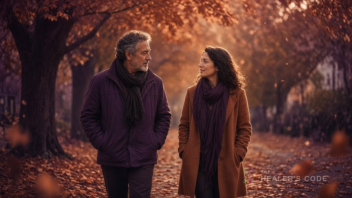 Two people walking and talking together on a tree-lined path in autumn