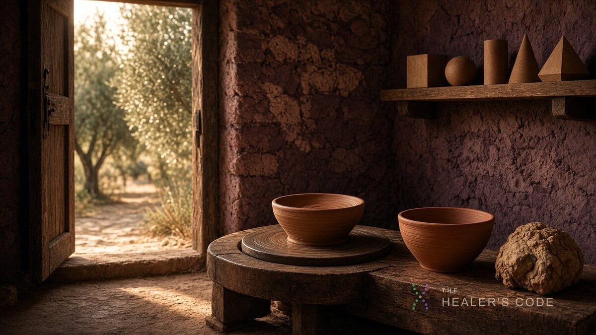 Stone workshop with clay on a wheel, a finished bowl, and geometric models by an open doorway