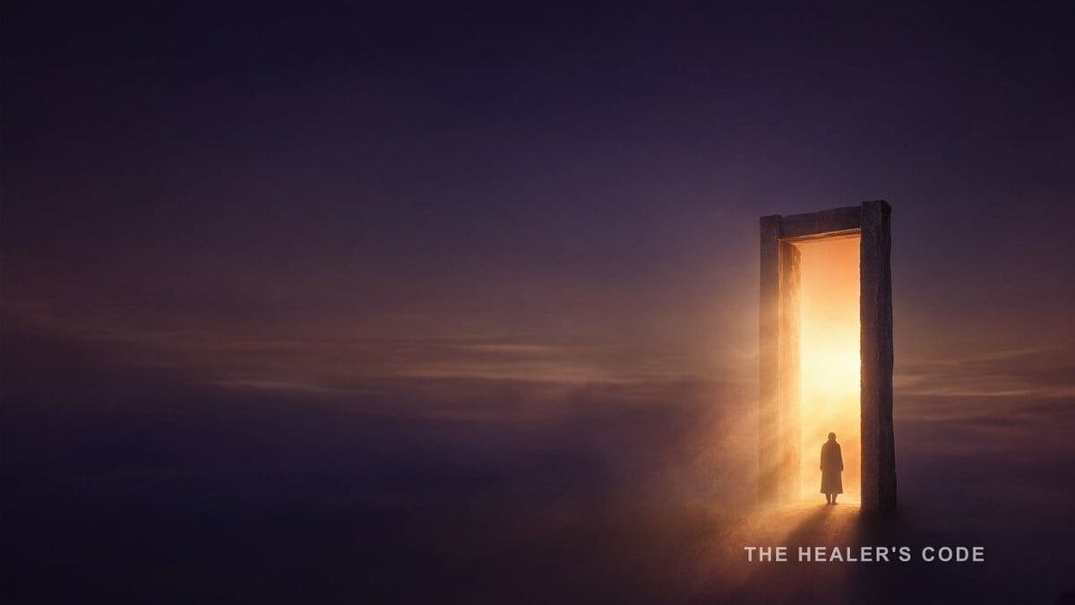 Square cover artwork,, high contrast. A threshold or doorway of light. Crossing. Open space, haze receding, no floor, no