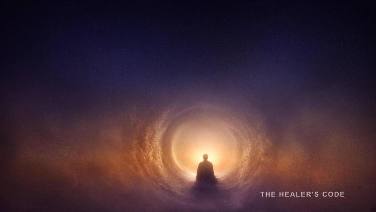 A gold aperture of light unfolding at the center of indigo space