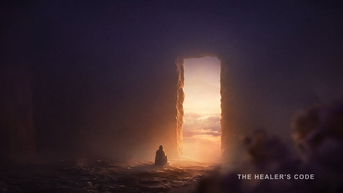 A warm gold doorway of light opening in deep indigo twilight, a threshold rather than a wall