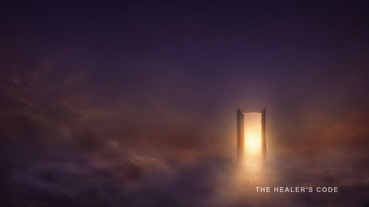A gold doorway of light opening in deep indigo twilight haze