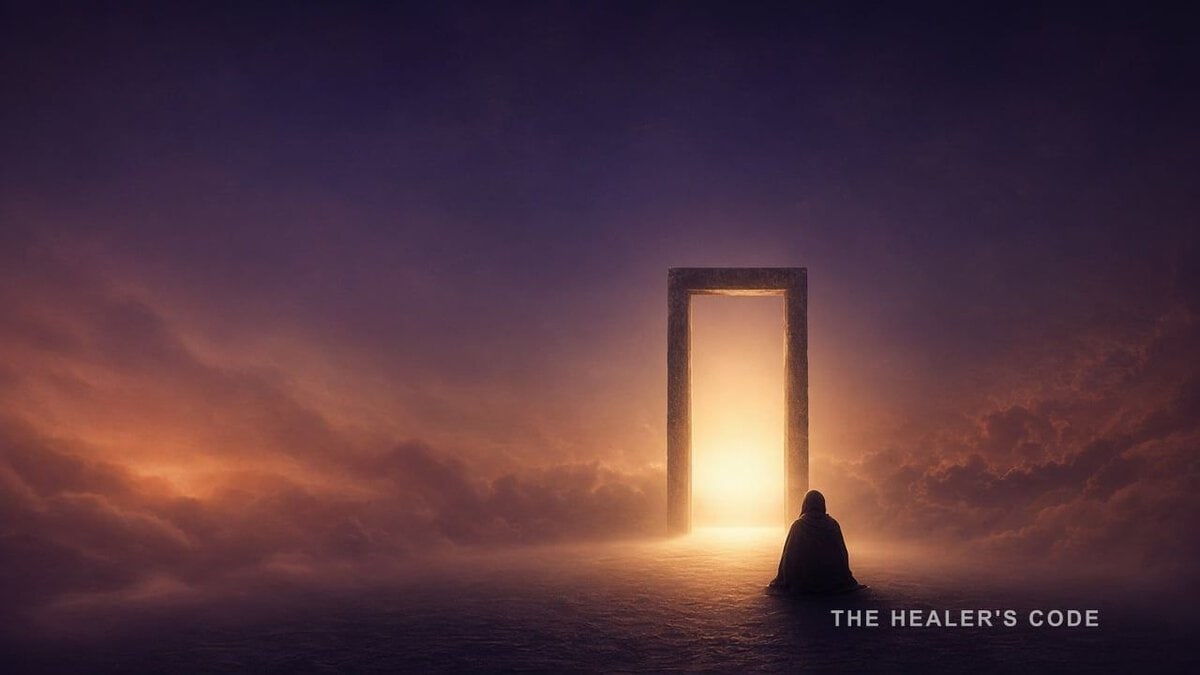 A warm gold doorway of light opening in deep indigo twilight haze