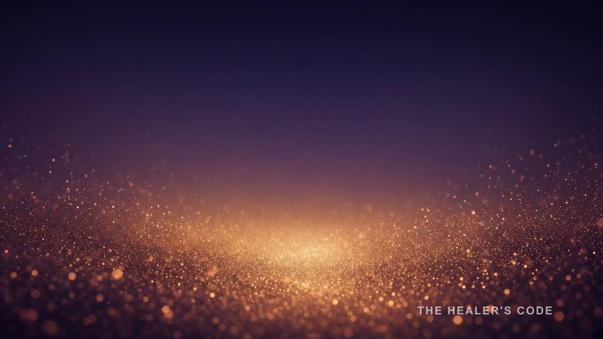 Gold light particles converging in open deep indigo twilight, no horizon line