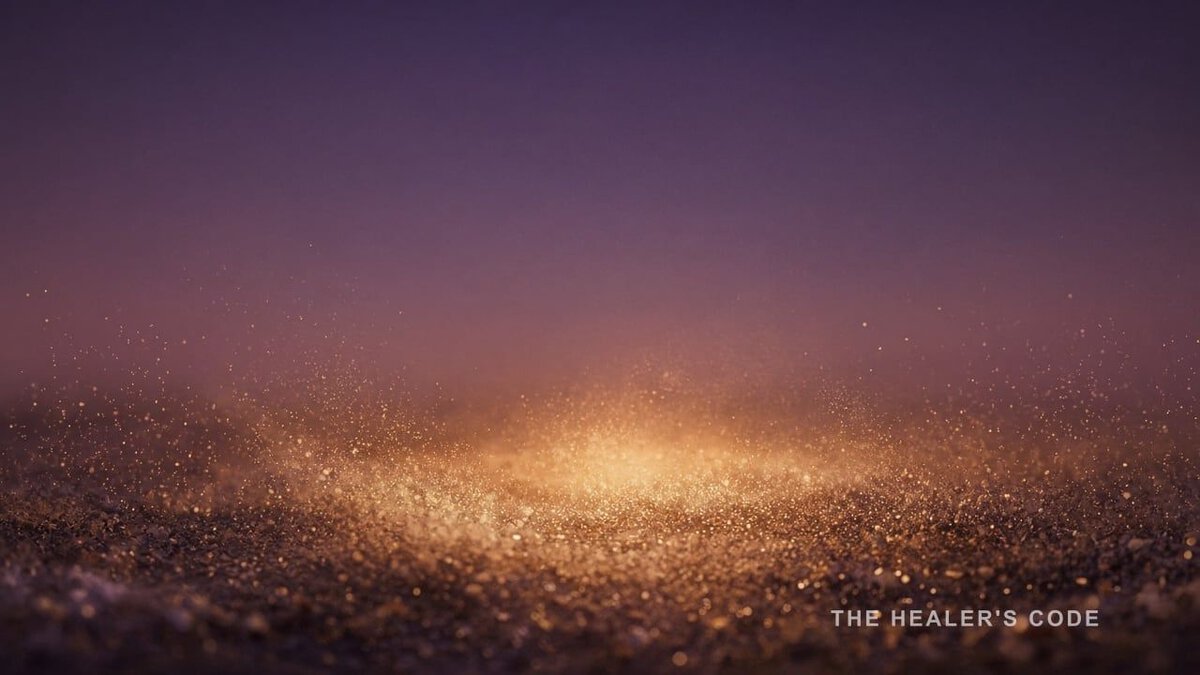 Cream-gold particles unfolding across a violet night field