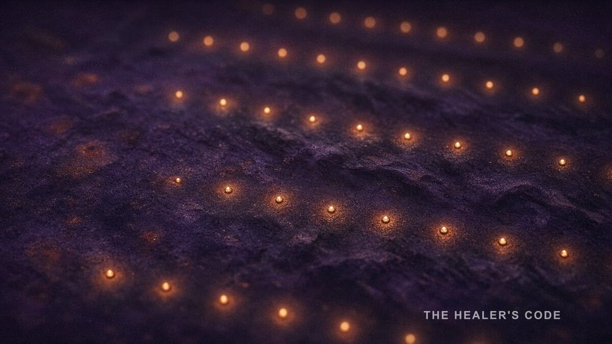 Even rows of amber points of light on an indigo ground