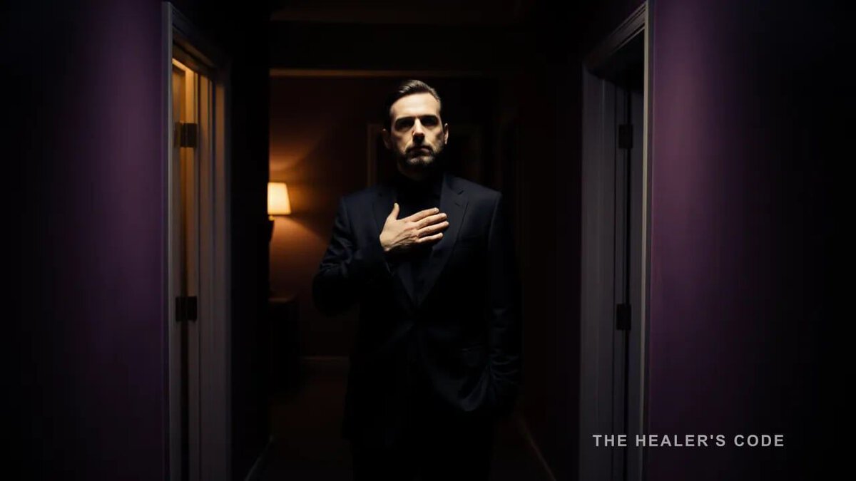 A man stands still in a dark plum corridor, one hand on his chest, a small warm lamp glowing in a doorway behind him