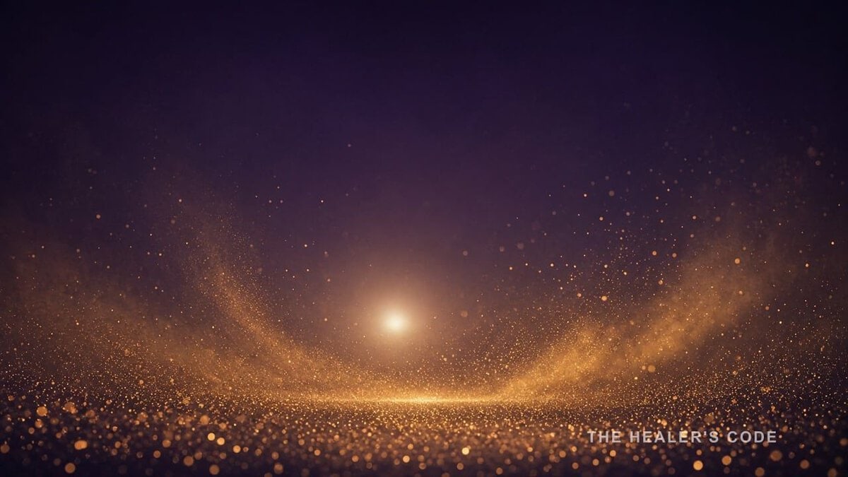 A field of gold particles falling through deep indigo open space
