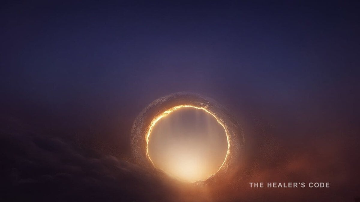 Gold aperture of light opening in a dark indigo twilight field