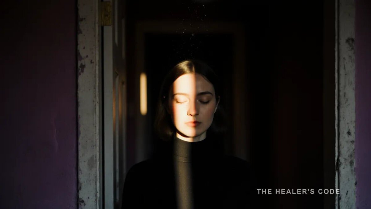 A woman stands in a dim plum hallway at dawn, eyes closed, a thin beam of gold light falling across her face