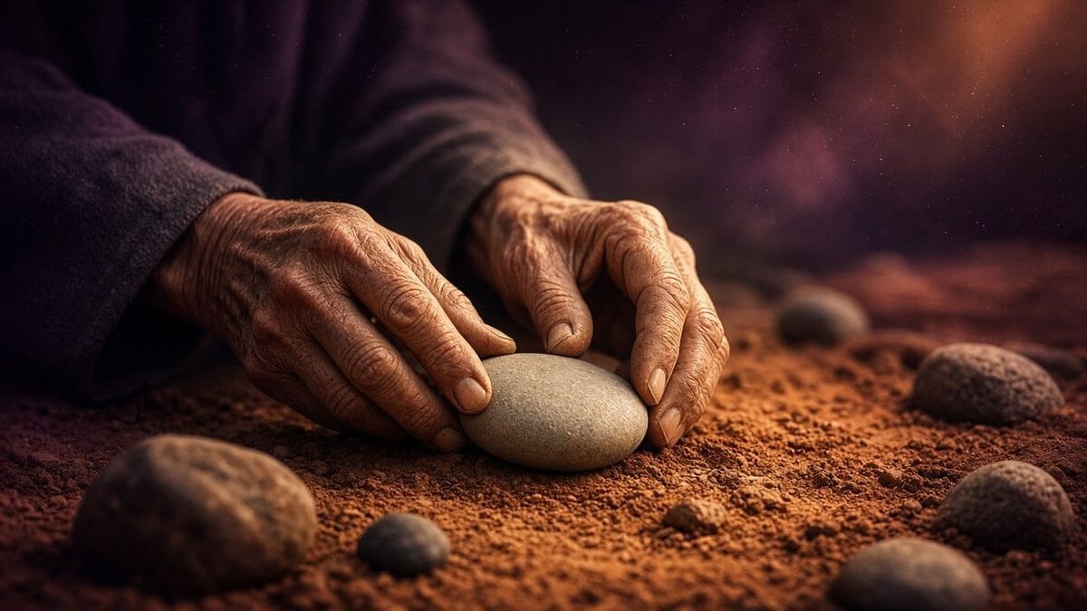 A kneeling figure’s weathered hands lower a last smooth river stone onto packed terracotta earth, palms opening empty as the