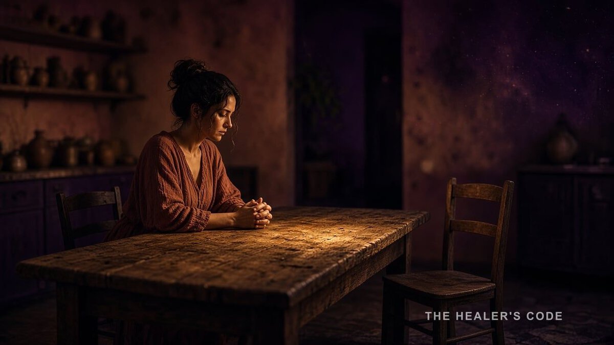 A woman sits alone at a wooden kitchen table in low plum and gold light, hands clasped, an empty chair across from her