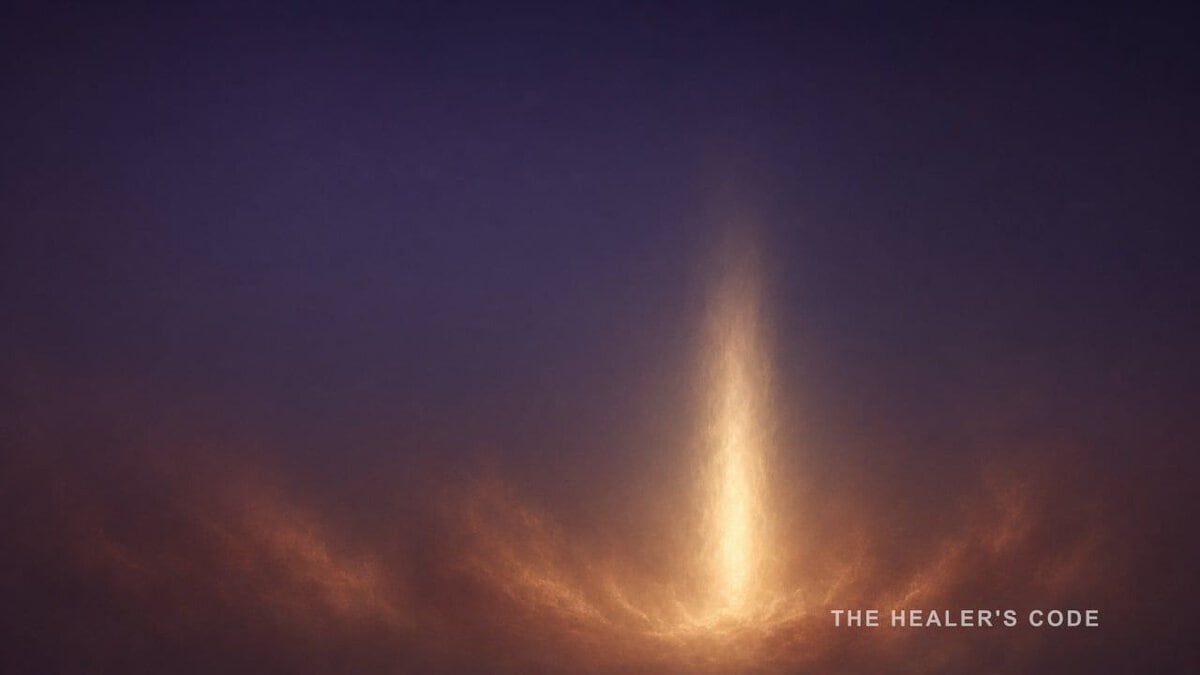 A column of warm gold light rising through dark indigo twilight haze