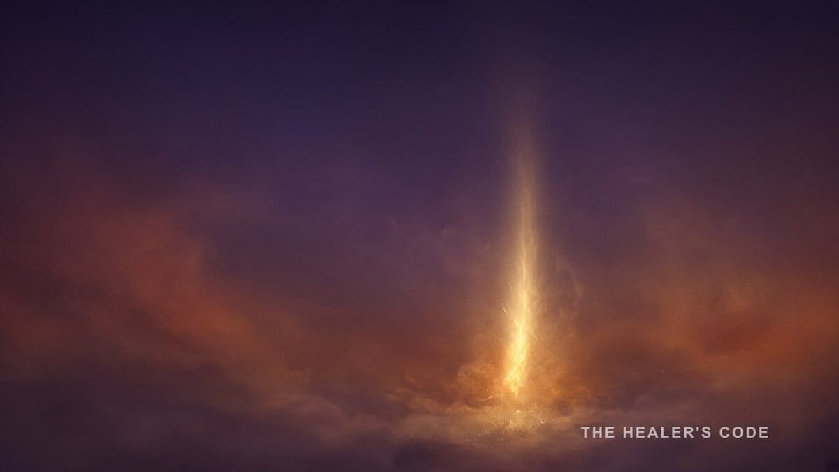 A gold column of light gathering in indigo twilight, space left open above.