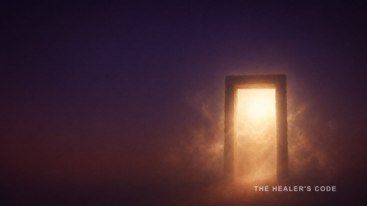 A gold doorway of light opening in deep indigo dusk, lower frame clear for a title.