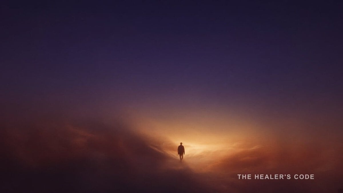 A silhouette stepping toward gold light in indigo space, upper third kept clear.