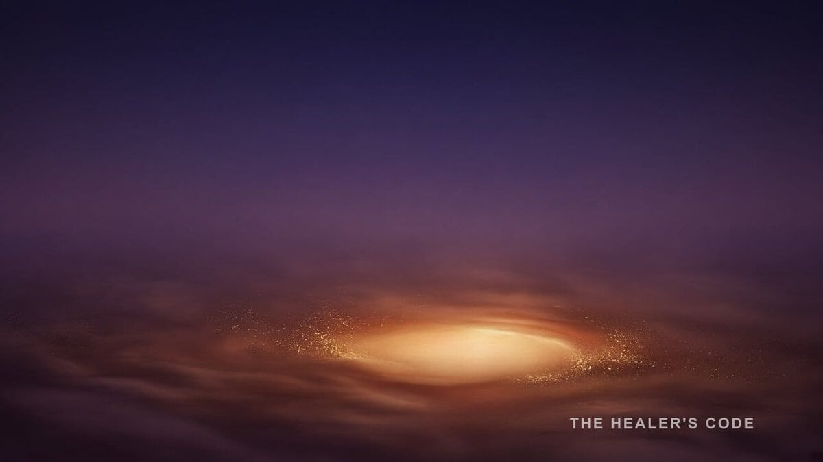A warm gold pool of light unfolding on a deep indigo field, upper third empty.
