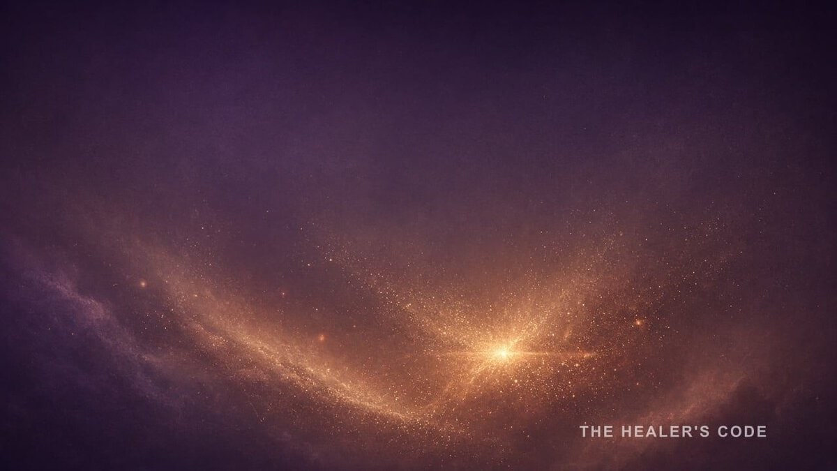 Pale stars gathering in a violet night sky, gold-cream sparks, sky open above.