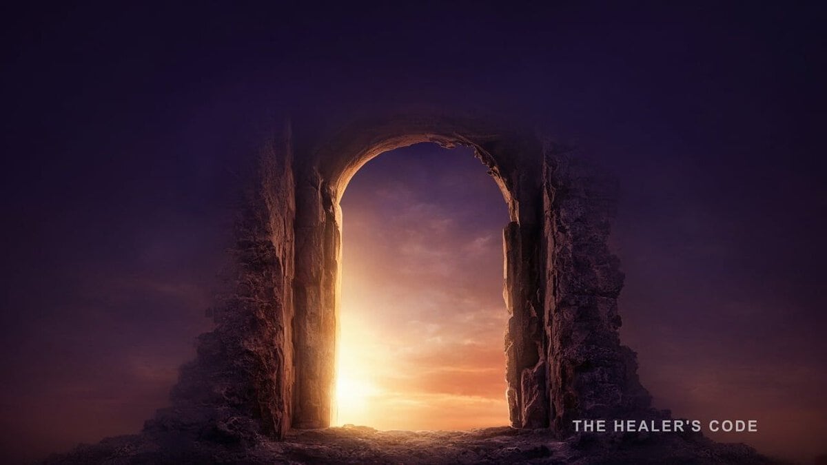 A gold doorway of light opening in deep indigo twilight, lower half of the frame.