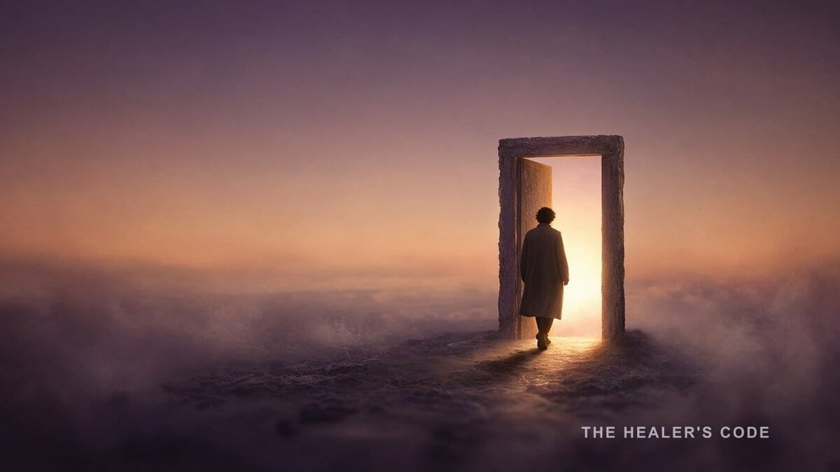 A cream-lit doorway of light in violet dusk, with open space above.
