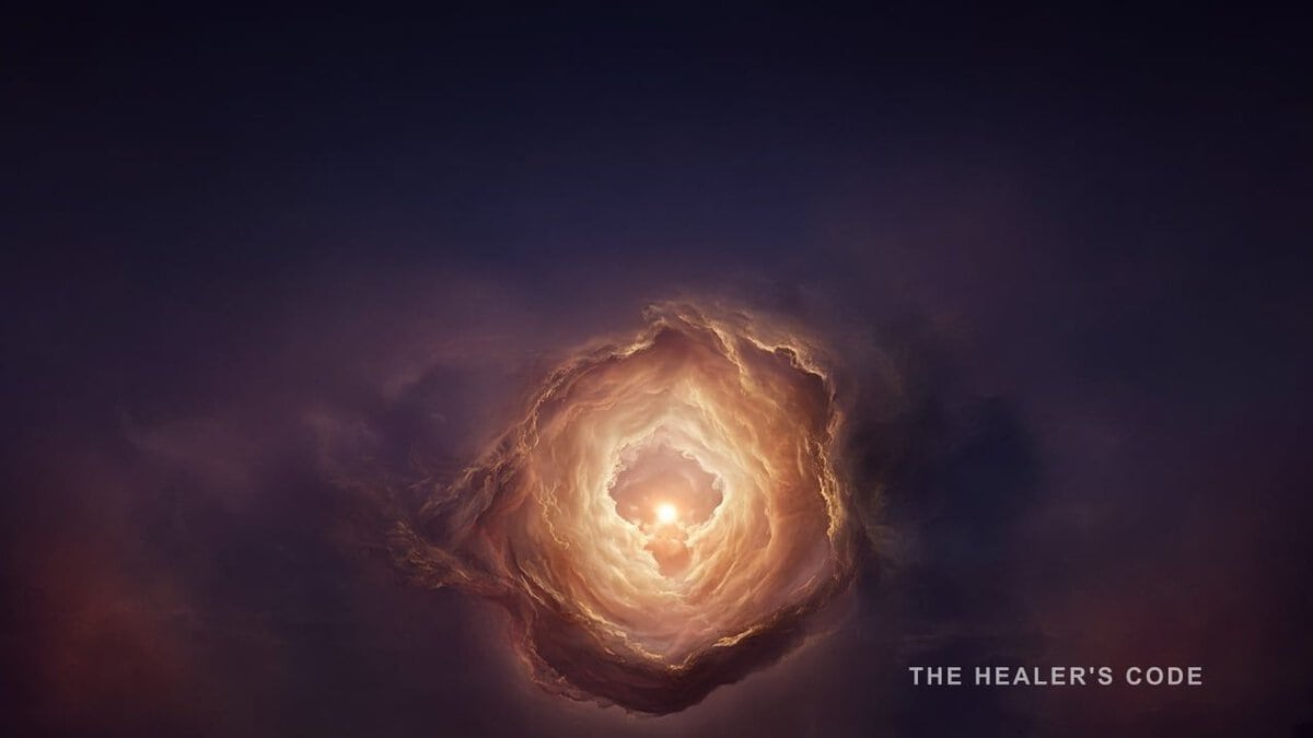 A gold aperture of light unfolding in a deep indigo twilight sky