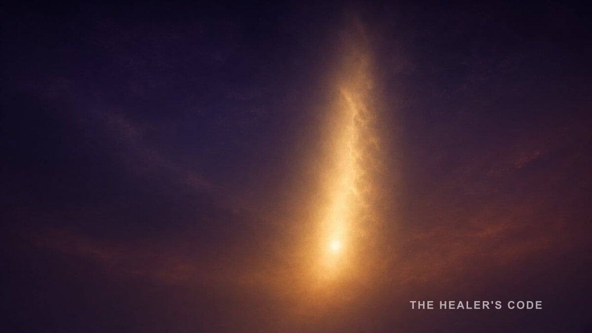 A vertical column of gold light opening in deep indigo darkness