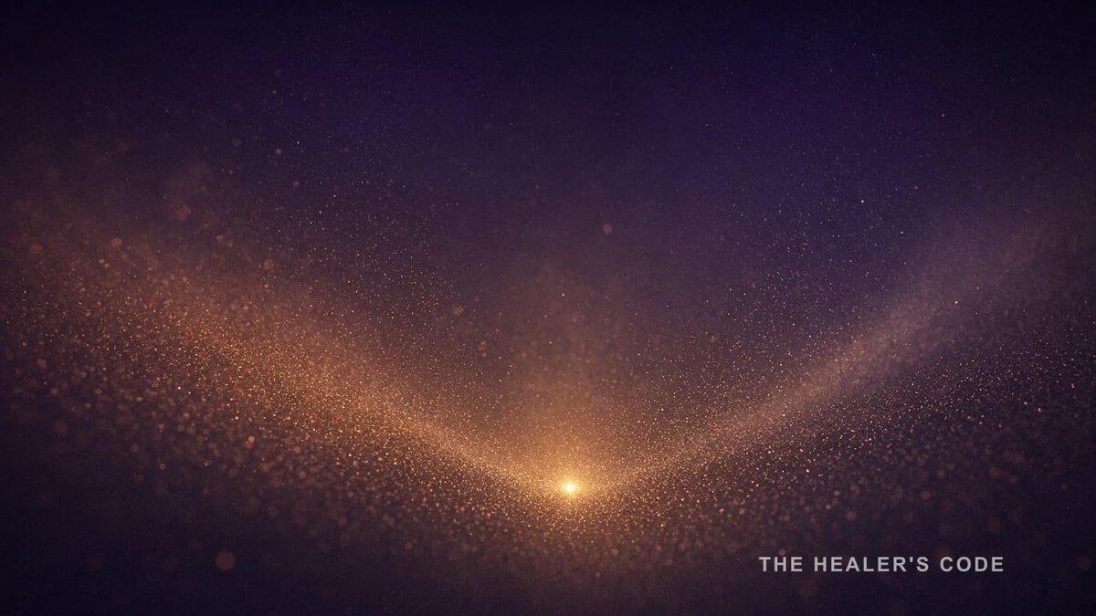 Gold particles gathering toward one bright point in a deep indigo field