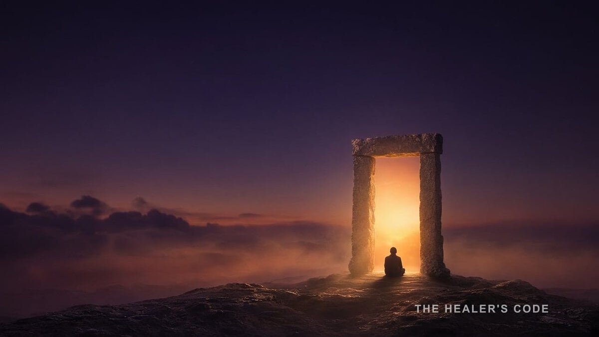 A doorway of gold light opening in deep indigo dusk, lower frame clear for reading