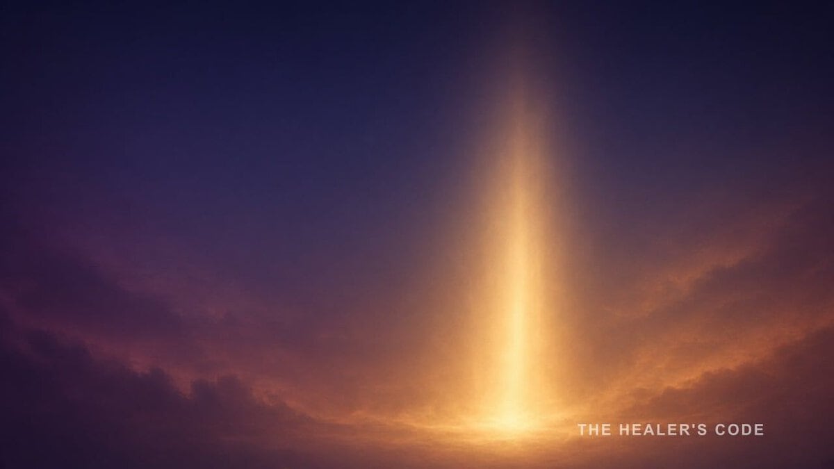 A gold column of light gathering in open indigo twilight, with clear space above.