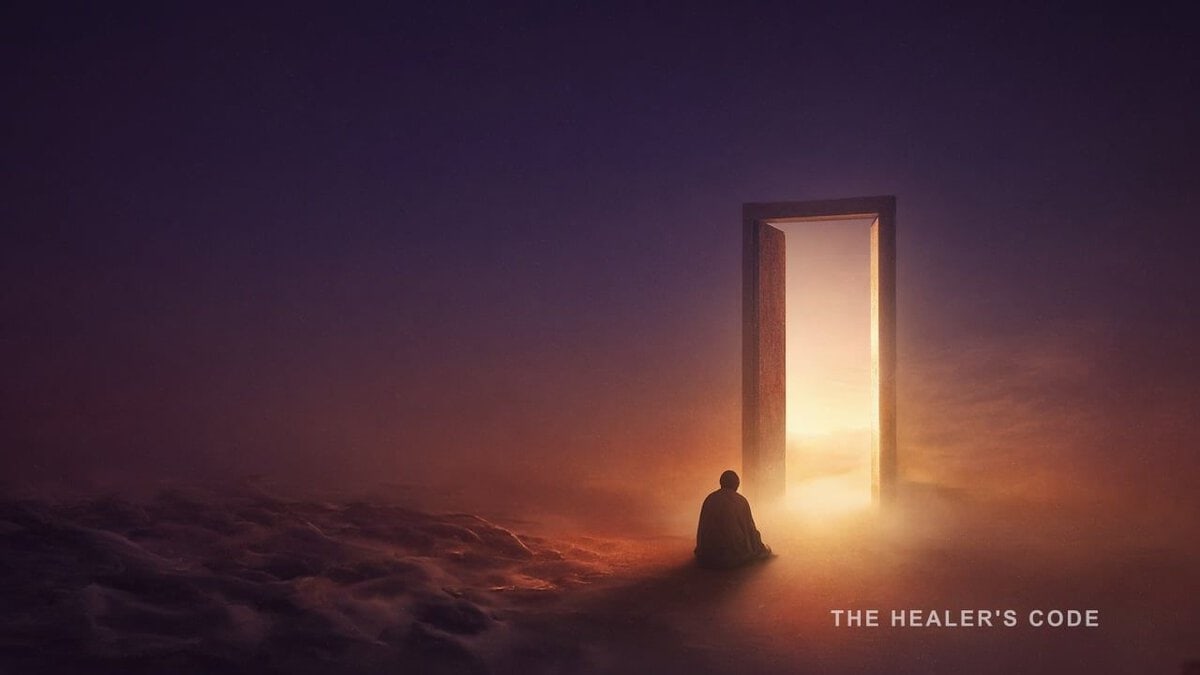 A gold doorway of light opening in deep indigo twilight, space left open above for a title.