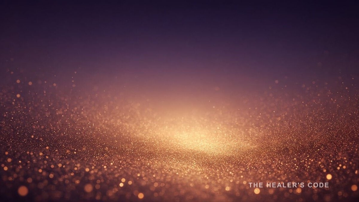 Gold particles unfolding across deep indigo space, with room above the glow.