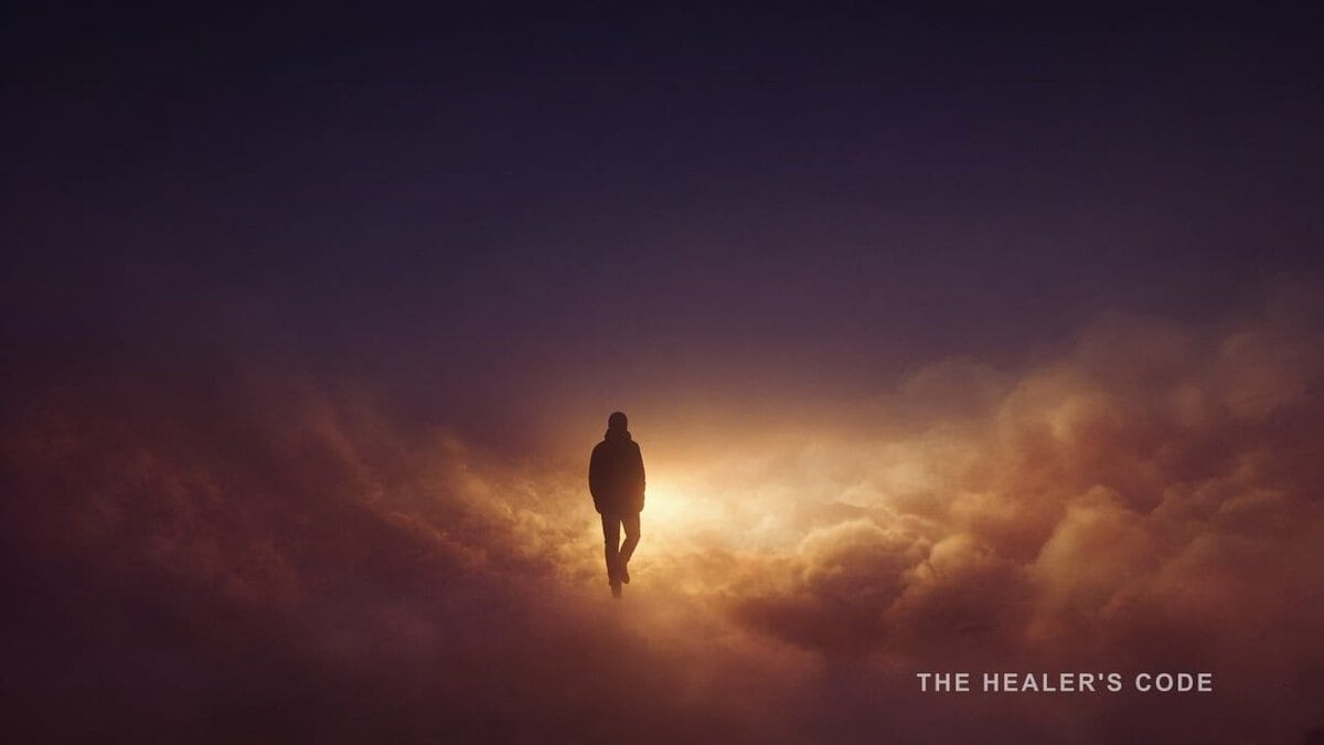 A silhouetted figure stepping through a band of gold light