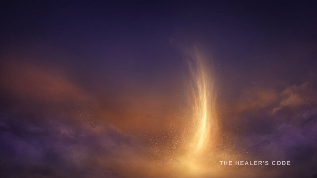 A vertical column of gold light gathering in deep indigo space