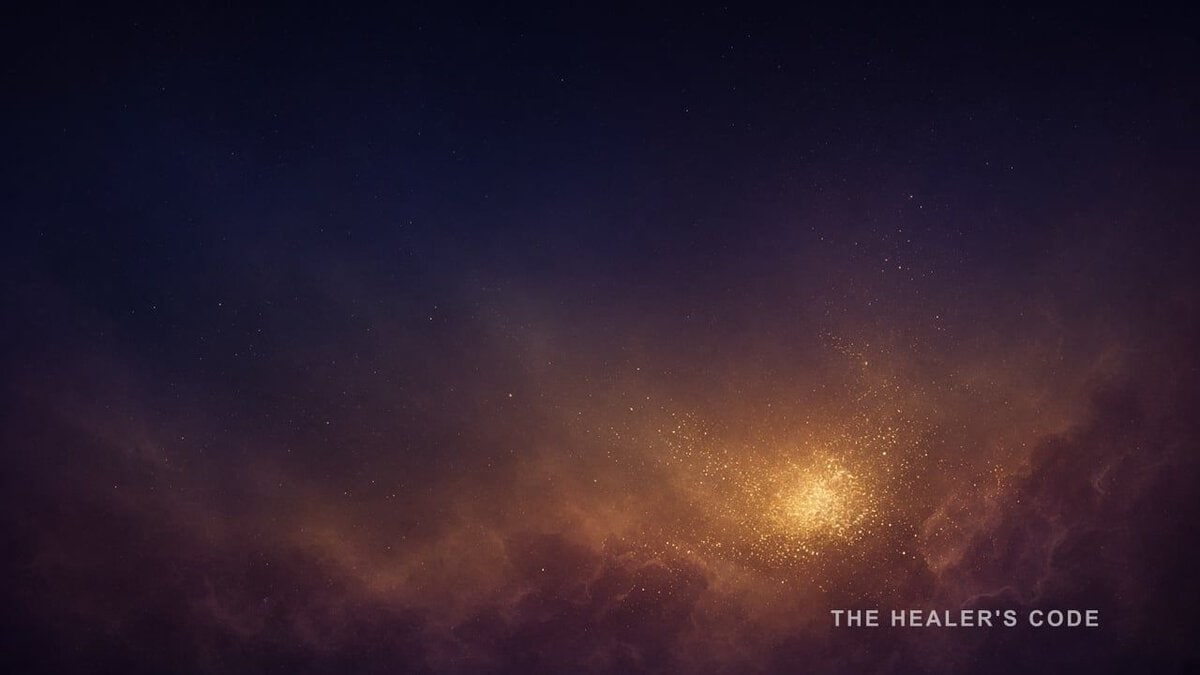 Gold particles rising through a deep indigo field of stars