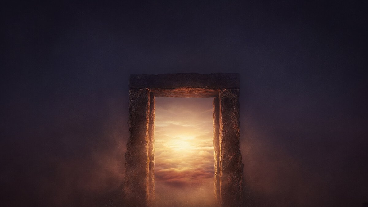 A gold doorway of light opening in deep indigo twilight, suggesting a path through a block