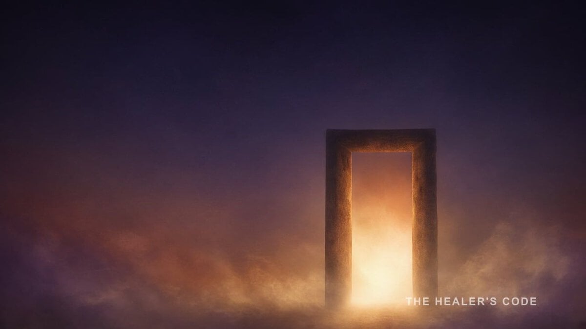A doorway of warm gold light opening in deep indigo haze under twilight.